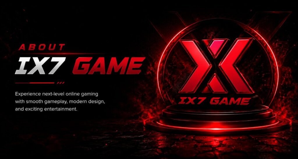 Advanced IX7 Game about banner with glowing red cyber arena, futuristic i x 7 branding and immersive online gaming atmosphere