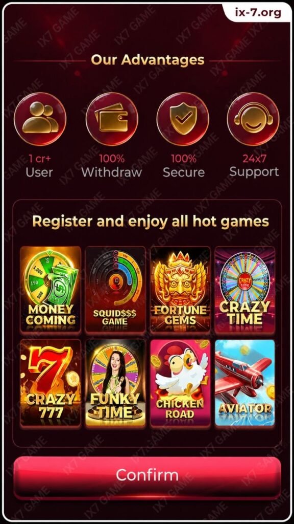 IX7 Game App interface showing Aviator, Crazy Time, Fortune Gems and online casino style games