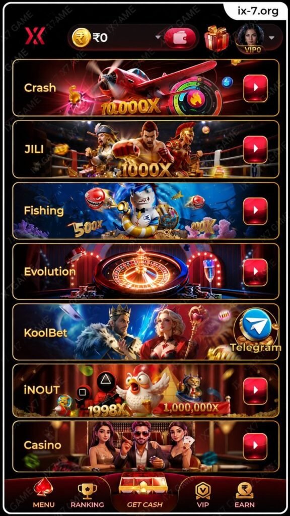IX7 Game app homepage showing crash, fishing, casino, JILI, Evolution and download options