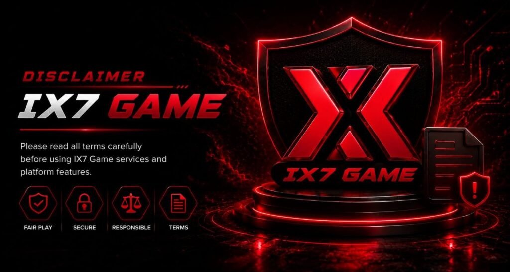 Secure IX7 online disclaimer graphic with futuristic protection shield, responsible gaming visuals and red neon cyber effects