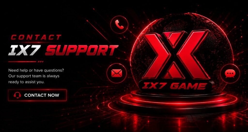 Modern IX7 support hero artwork featuring ix7 login help center, digital communication icons and premium gaming assistance theme